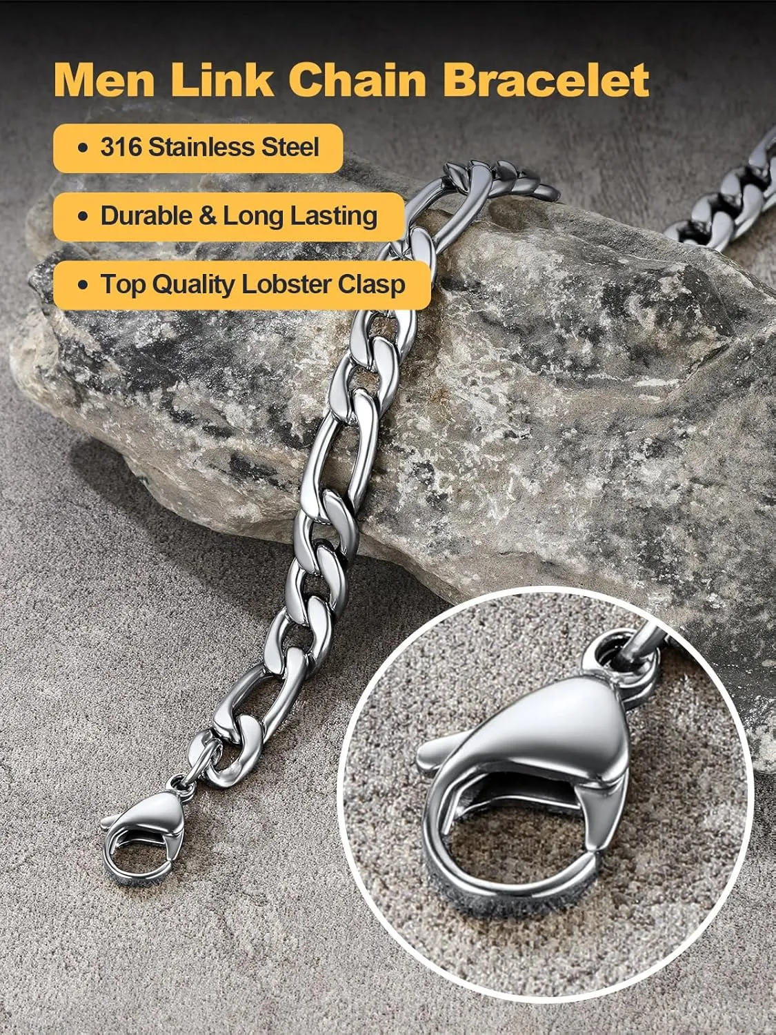 U7 Figaro Bracelet, Stainless Steel Figaro Chain Bracelet, Rope Chain Bracelet Stainless Steel 18K Gold Plated Wrist Chain for Men Women