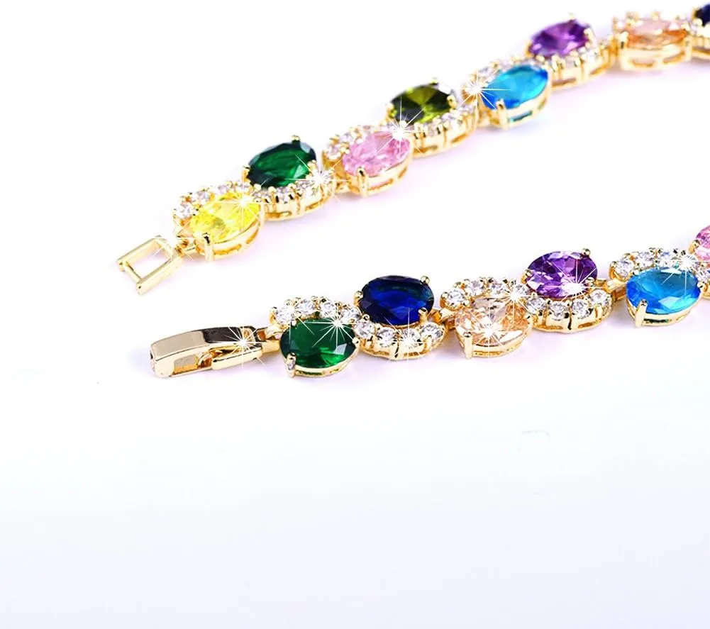 U7 Green Emerald/Blue/Red/Colorful Tennis Bracelets, 18K Gold Plated Platinum Link Chain Diamond Cut Simulated Gem Crystal Bracelet,Resizable Length 6-8 Inches,Wedding Mothers Day Gift for Women