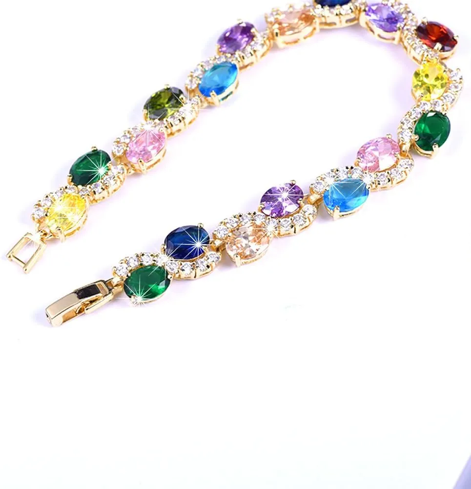U7 Green Emerald/Blue/Red/Colorful Tennis Bracelets, 18K Gold Plated Platinum Link Chain Diamond Cut Simulated Gem Crystal Bracelet,Resizable Length 6-8 Inches,Wedding Mothers Day Gift for Women