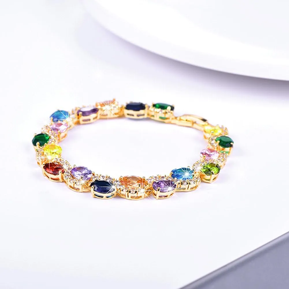 U7 Green Emerald/Blue/Red/Colorful Tennis Bracelets, 18K Gold Plated Platinum Link Chain Diamond Cut Simulated Gem Crystal Bracelet,Resizable Length 6-8 Inches,Wedding Mothers Day Gift for Women
