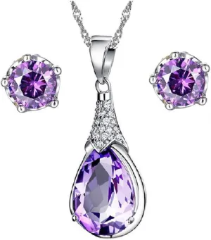 Uloveido Elegant Purple Crystal Wedding Engagement Jewelry Set for Bridal Women Anniversary Birthday Charm Anniversary Necklace and Studs Earrings Jewelry Set for Women WHT37