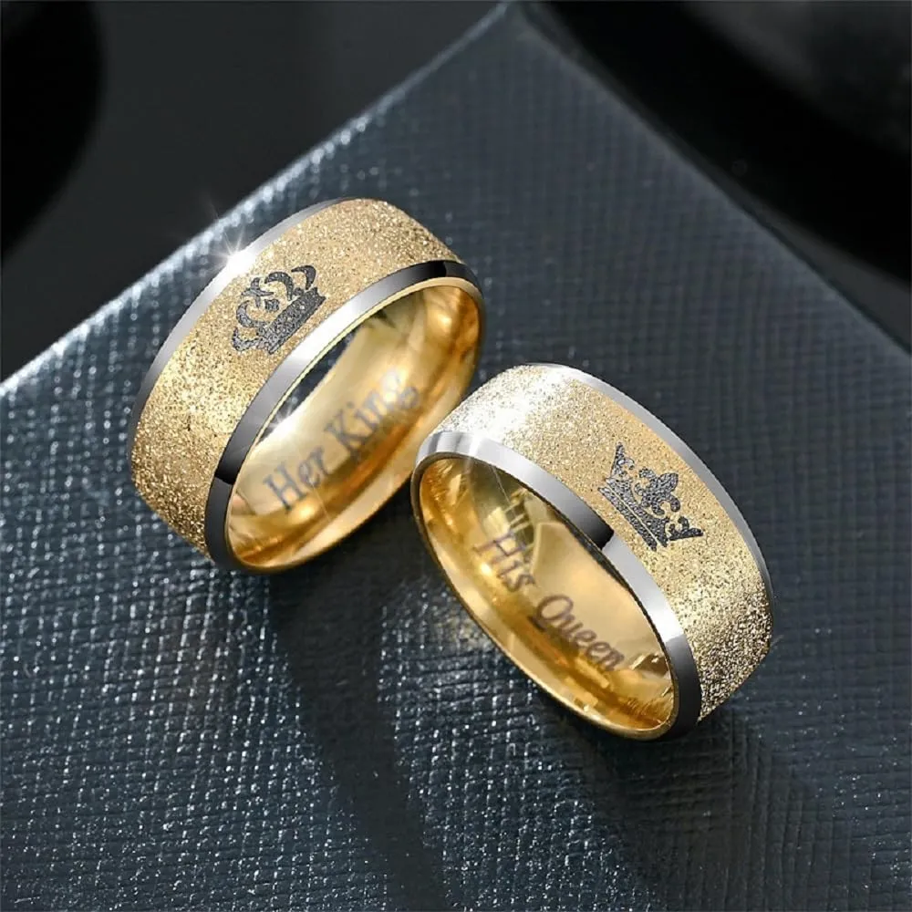 Uloveido His Queen Her King Couple Ring Gold Plated Stainless Steel, Crown Couple Rings Matching Couple Rings Band, Steel Couple Wedding Bridal Rings for Men and Women Size 6-10 Y4406