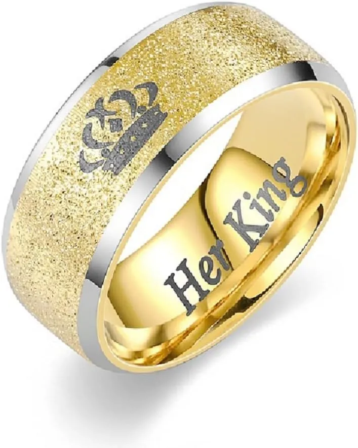 Uloveido His Queen Her King Couple Ring Gold Plated Stainless Steel, Crown Couple Rings Matching Couple Rings Band, Steel Couple Wedding Bridal Rings for Men and Women Size 6-10 Y4406