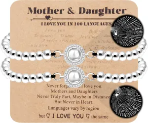 Uloveido Mom Daughter Bracelets 100 Languages I Love You Projection Bracelet Round Metal Brass Beads Bracelet for Mother and Daughter YA4761
