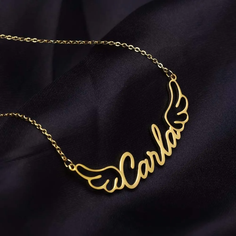 Unique Custom Name Angel Wings Necklace Stainless Steel Pendant Choker for Women Romantic Gift Jewelry