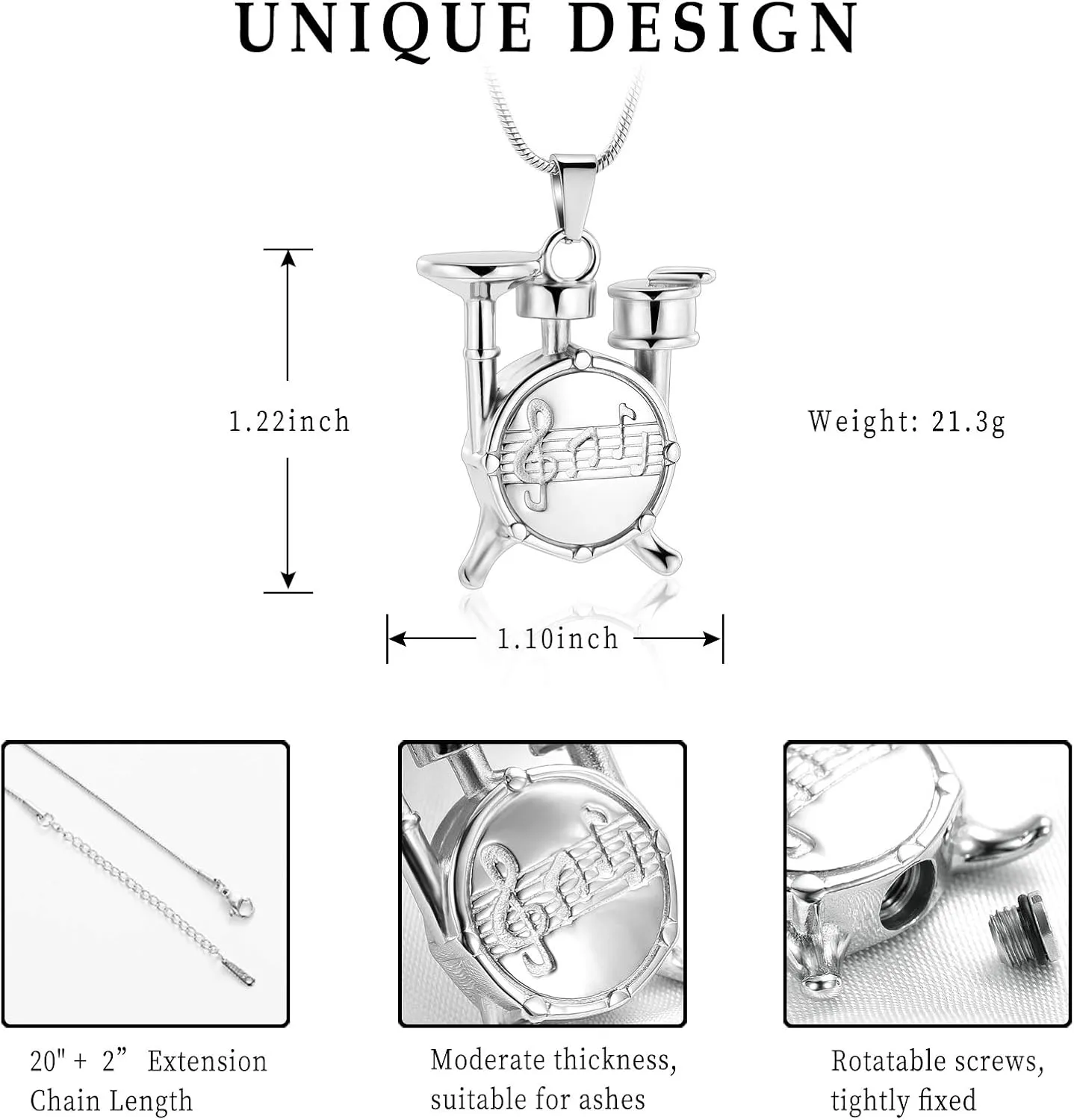 Unique Drum Set Music Charm Necklace Urn Pet/Human Cremation Pendant Necklace Jewelry for Ashes Cremation Jewelry