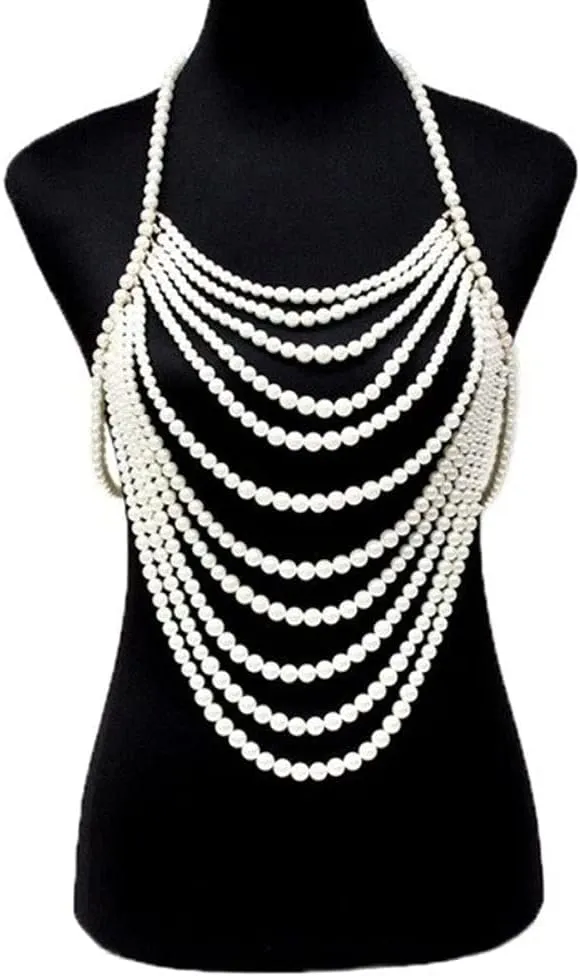 Unique Multilayer Imitation Pearl Bralette Top Body Chain for Women Sexy Chest Necklace Chain Jewelry Lingerie Party Accessories