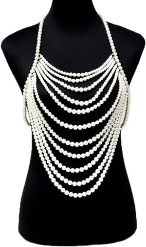 Unique Multilayer Imitation Pearl Bralette Top for Women Chest Necklace Chain Jewelry Lingerie Party Accessories