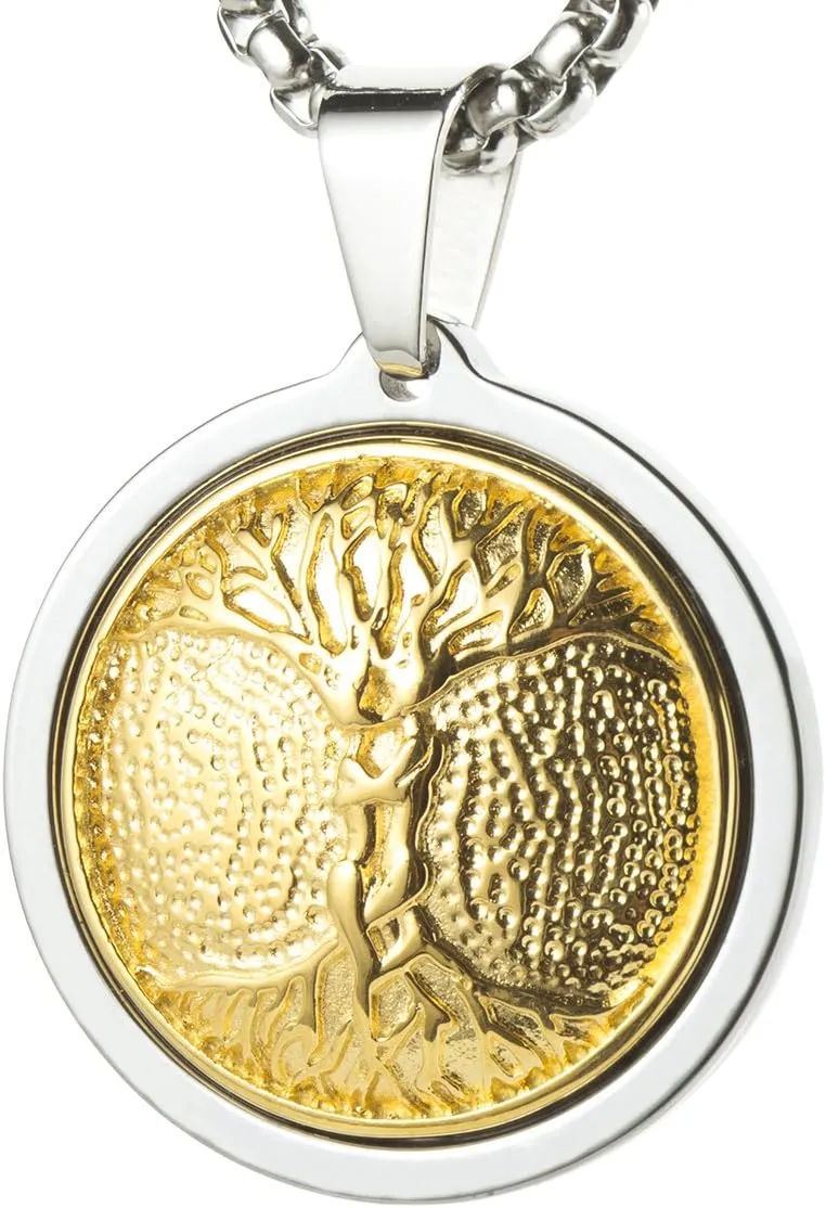 Unique Tungsten Medallion Necklace. Stainless Steel Tree of Life Inlay with 18kt Gold Plating.