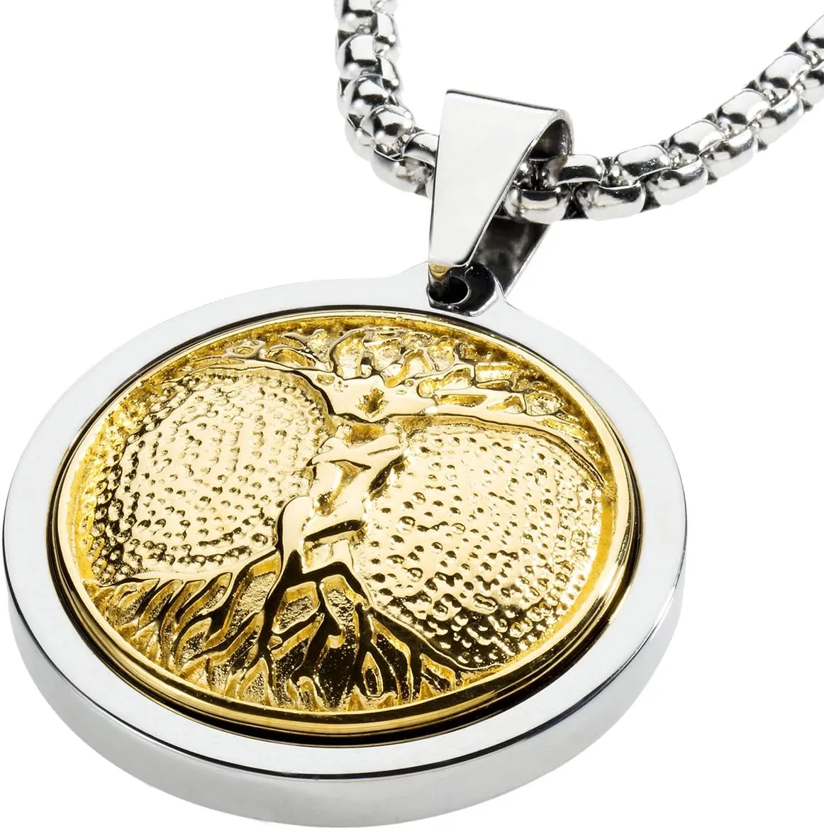 Unique Tungsten Medallion Necklace. Stainless Steel Tree of Life Inlay with 18kt Gold Plating.