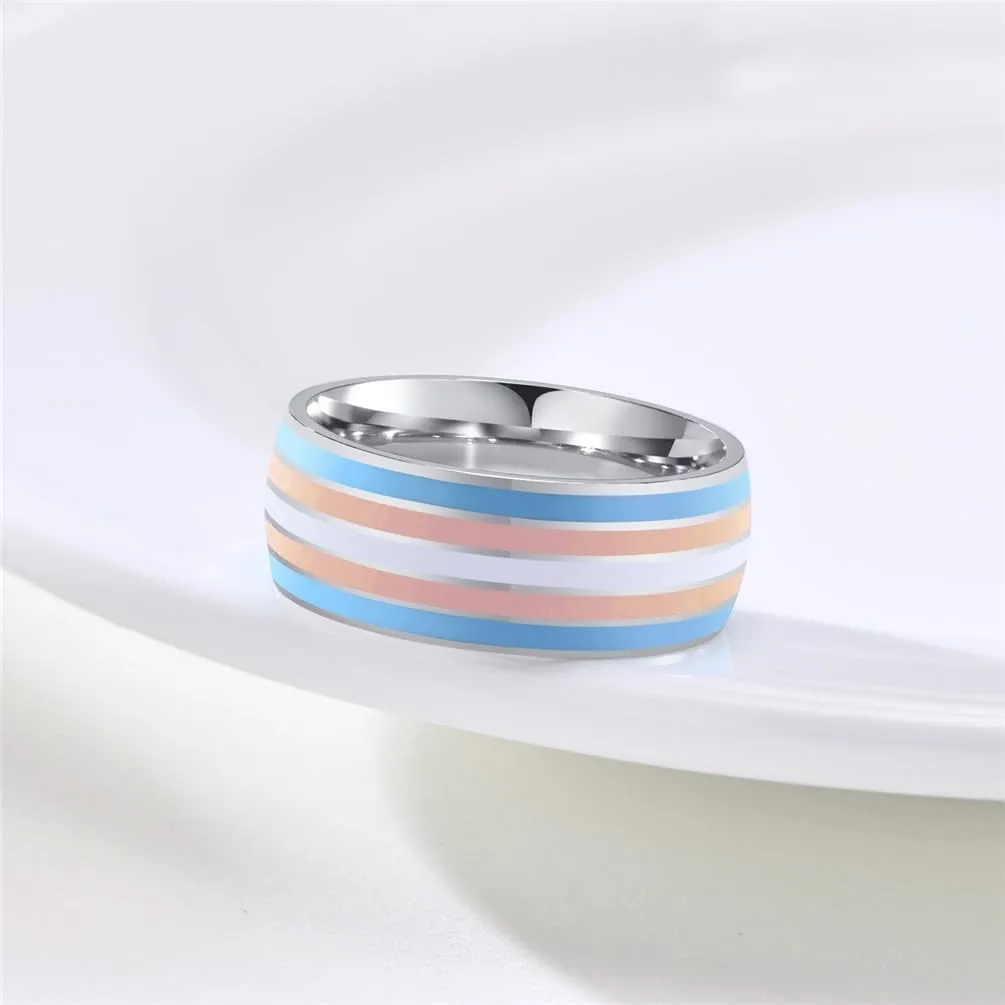 Unisex Stainless Steel 8mm Unique Cool Enamel Rainbow Stripes Homosexuals LGBT Gay Pride Ring Eternity Couple Wedding Band