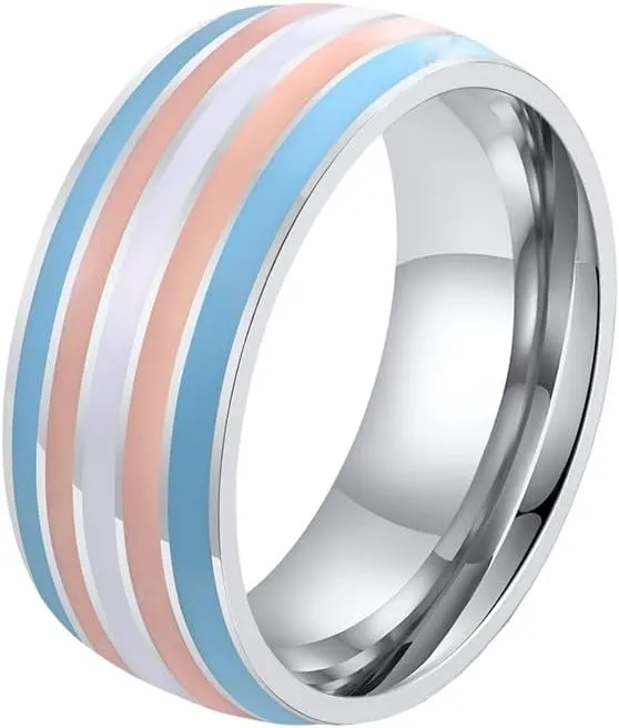 Unisex Stainless Steel 8mm Unique Cool Enamel Rainbow Stripes Homosexuals LGBT Gay Pride Ring Eternity Couple Wedding Band