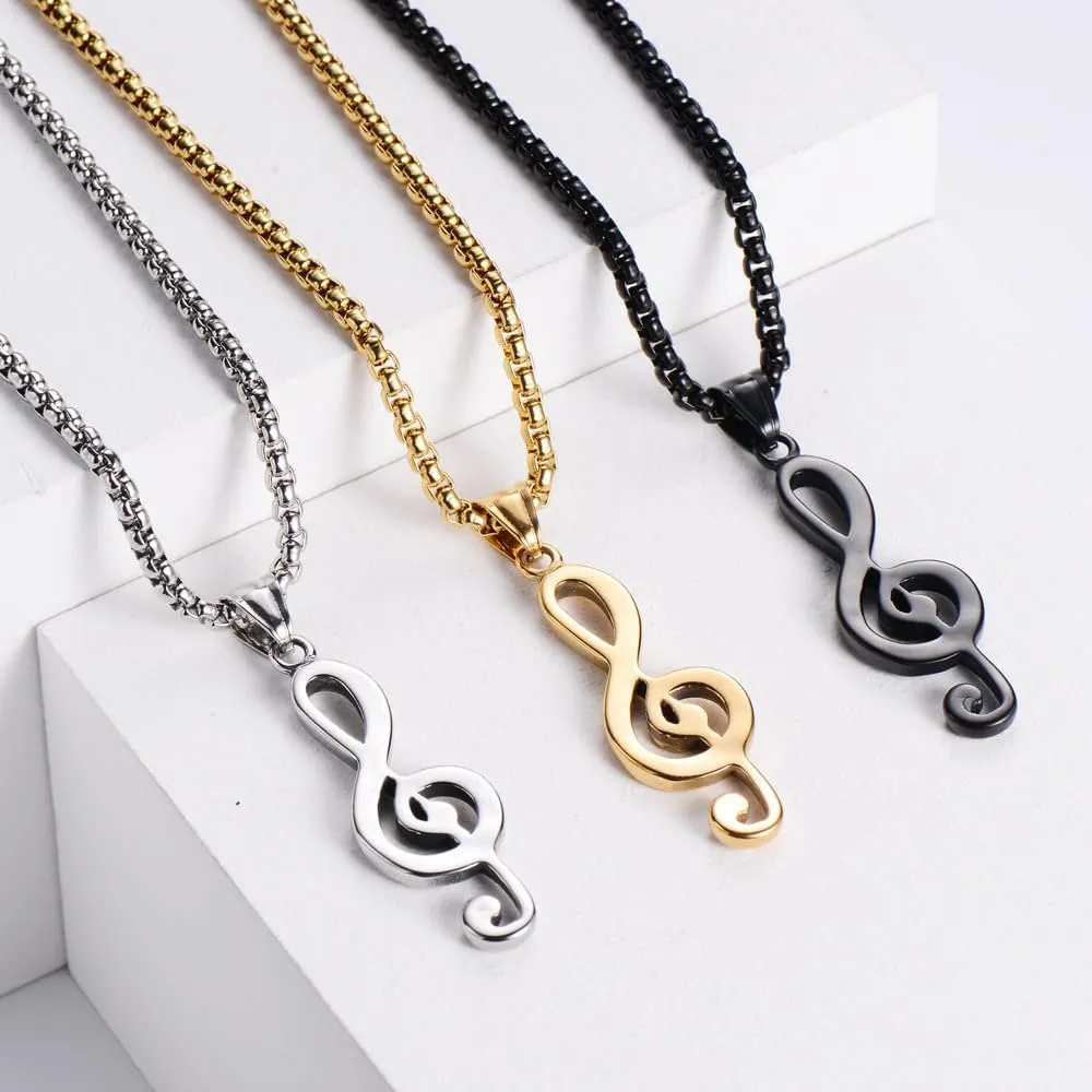 Unisex Stainless Steel Personality Rock Hip Hop Musical Music Note Charm Pendant Unique Cool Treble Clef Music Note Necklace