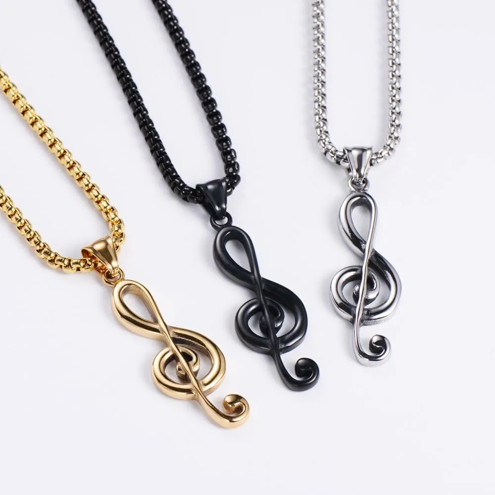 Unisex Stainless Steel Personality Rock Hip Hop Musical Music Note Charm Pendant Unique Cool Treble Clef Music Note Necklace