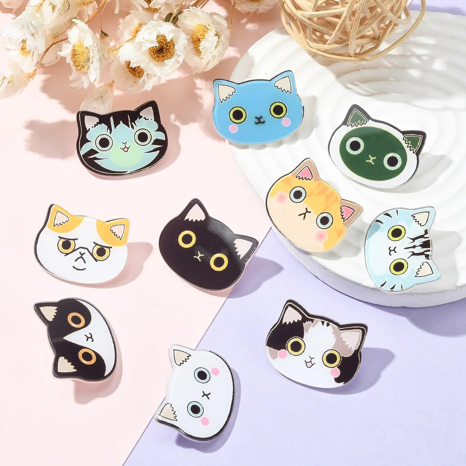 UR URLIFEHALL 10 Pcs Acrylic Cat Brooch Cat Head Brooch Pins Animal Brooch Lapel Pin Badges for Clothes Bags Backpacks Decoration Gift