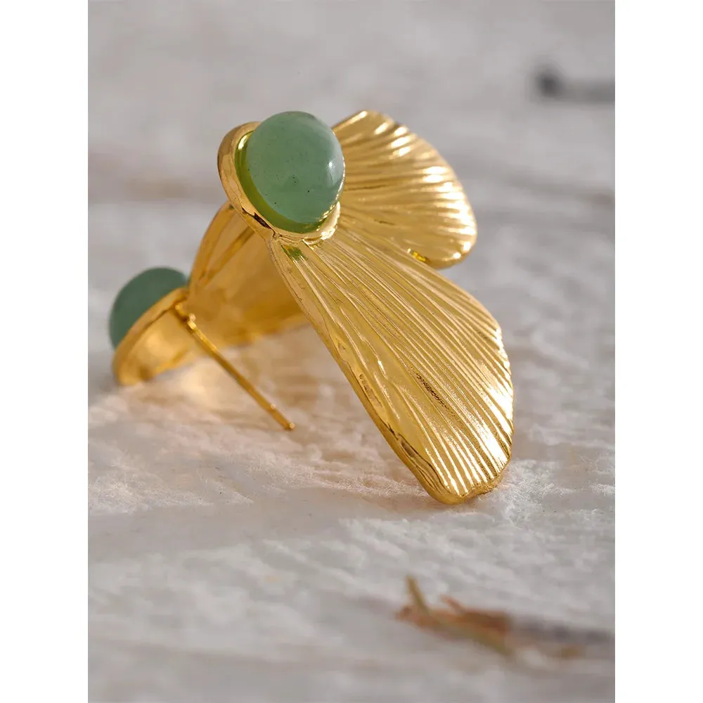 VAIGE Elegant Green Stone Butterfly Wing Gold-Plated Stainless Steel Earrings