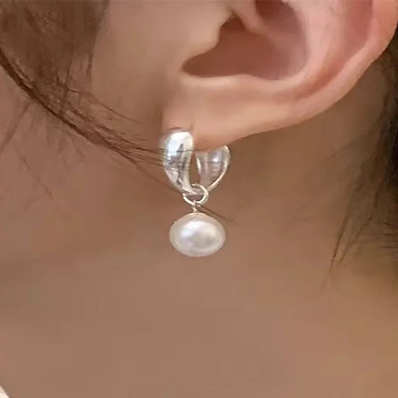 VAIGE Elegant Silver Chunky Pearl Dangle Hoop Earrings