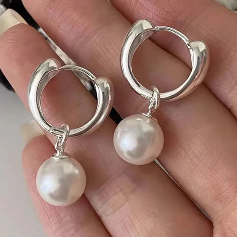 VAIGE Elegant Silver Chunky Pearl Dangle Hoop Earrings