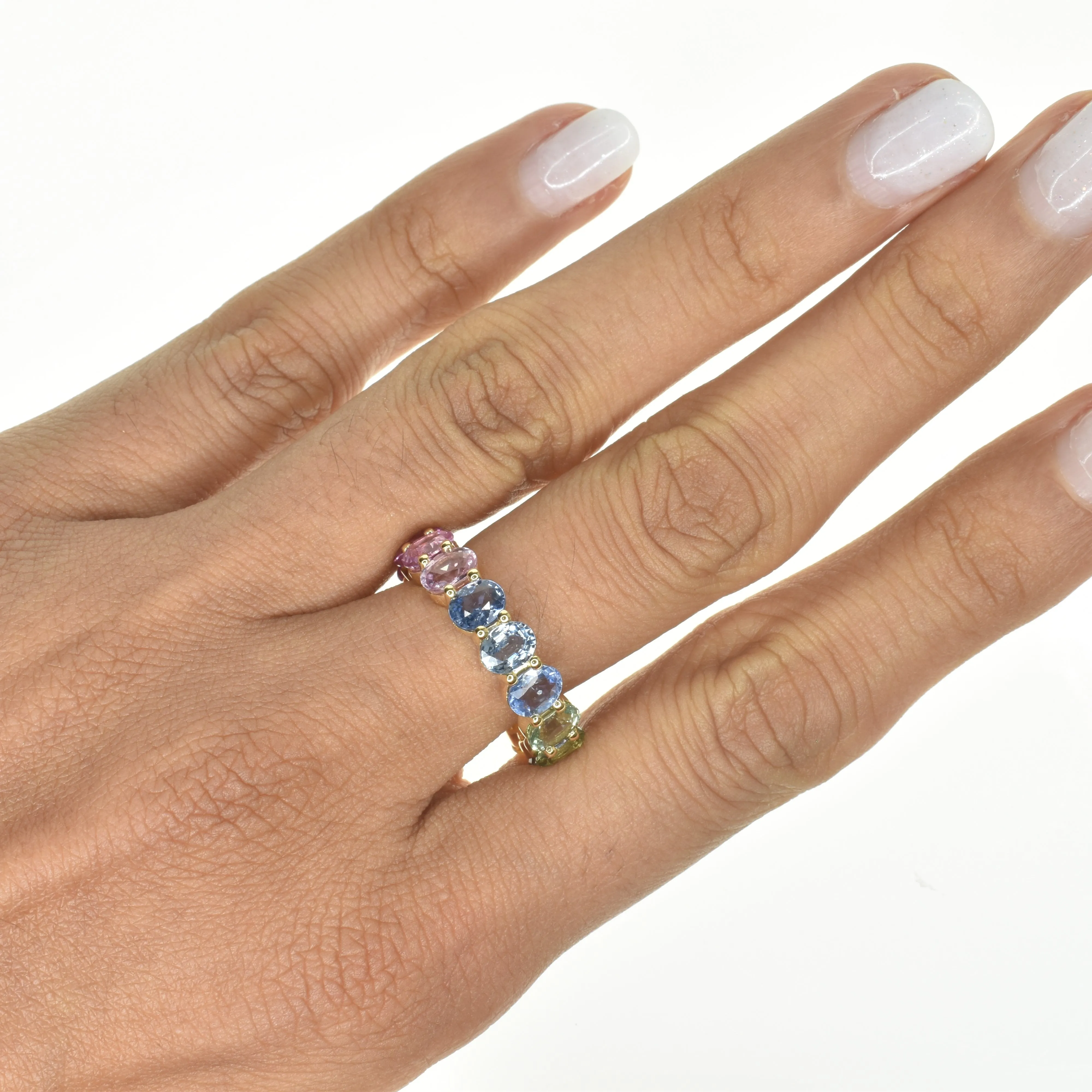 Vertically Set Rainbow Oval Sapphire Ring