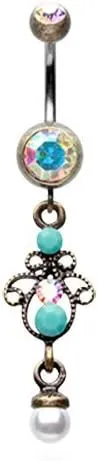 Vintage Elegant Jeweled Imitation Pearl Belly Button Ring 316L Surgical Steel