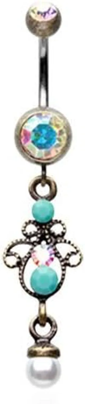 Vintage Elegant Jeweled Imitation Pearl Belly Button Ring 316L Surgical Steel