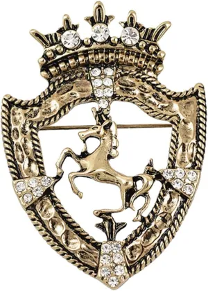 Vintage Gold Tone Crown Horse Pin Brooch Retro Crystal Shield Badge Lapel Pin For Men Women
