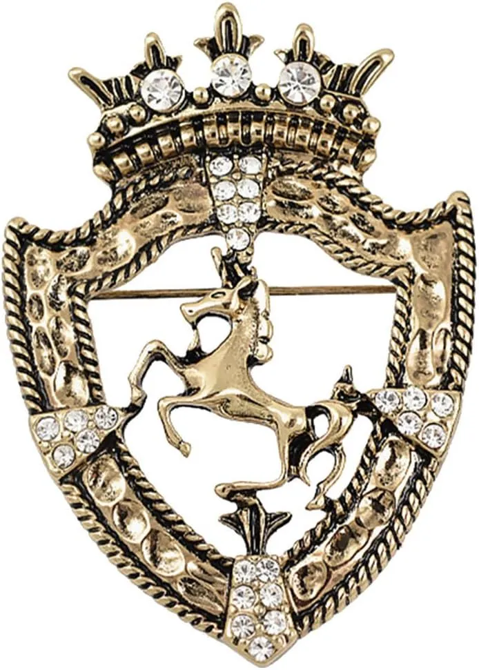 Vintage Gold Tone Crown Horse Pin Brooch Retro Crystal Shield Badge Lapel Pin For Men Women