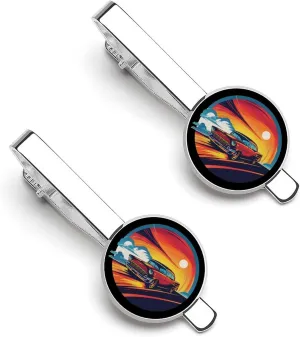 Vintage Sunset Car Drifting Men's Tie Clip Round Tie Bar Tie Tack Pins Jewelry Accessories for Father's Day Gifts