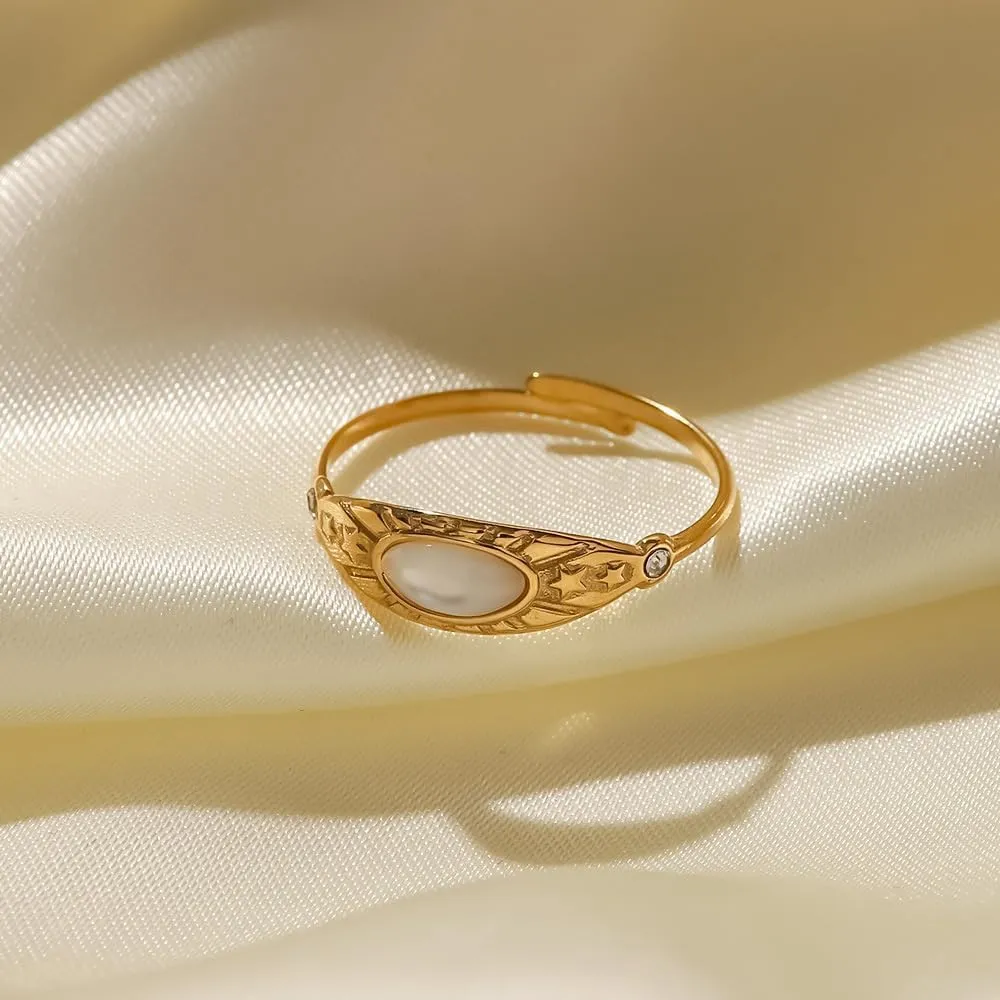 Vintage White Natural Stone Inlay Ring Sun Star Pattern 14k Gold Plated Stainless Steel Adjustable Rings for Women