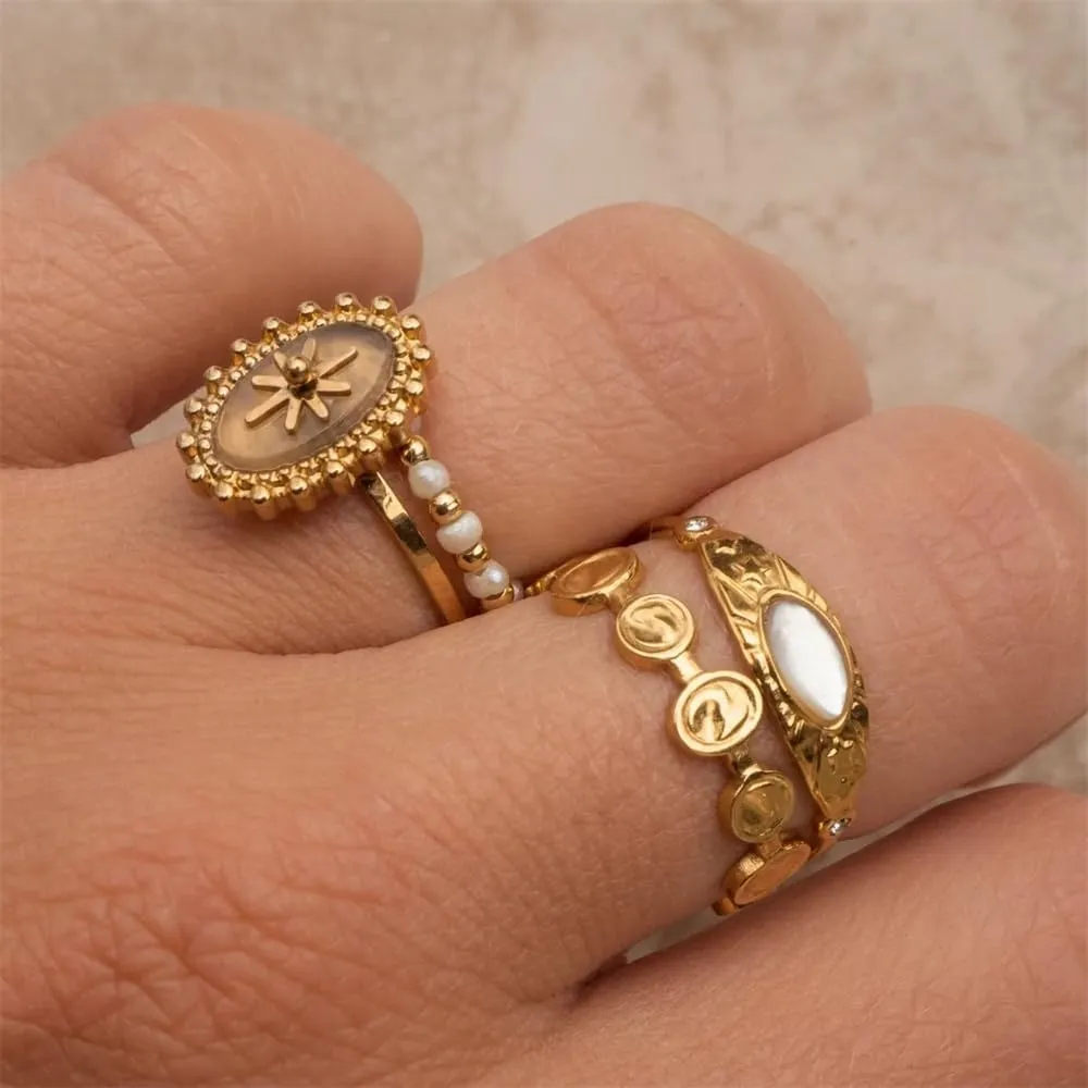 Vintage White Natural Stone Inlay Ring Sun Star Pattern 14k Gold Plated Stainless Steel Adjustable Rings for Women