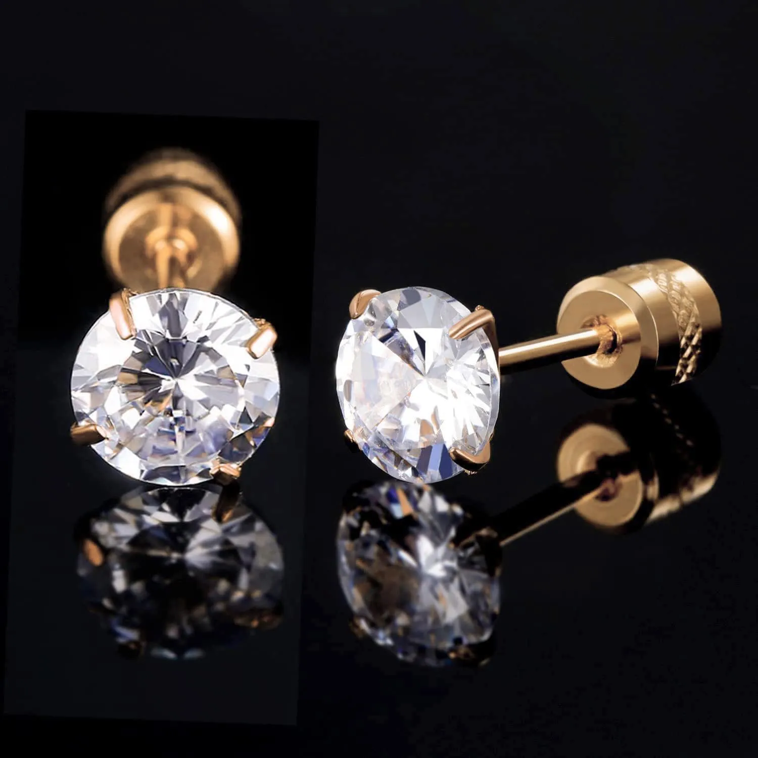 VOLUKA Cubic Zirconia Stainless Steel Screw Flat Back Earring - Hypoallergenic Stud Earrings for Women & Men - 316L Titanium CZ Stud Earrings for Nickel-Free, Trendy & Elegant