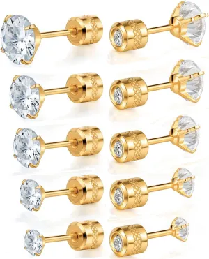 VOLUKA Cubic Zirconia Stainless Steel Screw Flat Back Earring - Hypoallergenic Stud Earrings for Women & Men - 316L Titanium CZ Stud Earrings for Nickel-Free, Trendy & Elegant