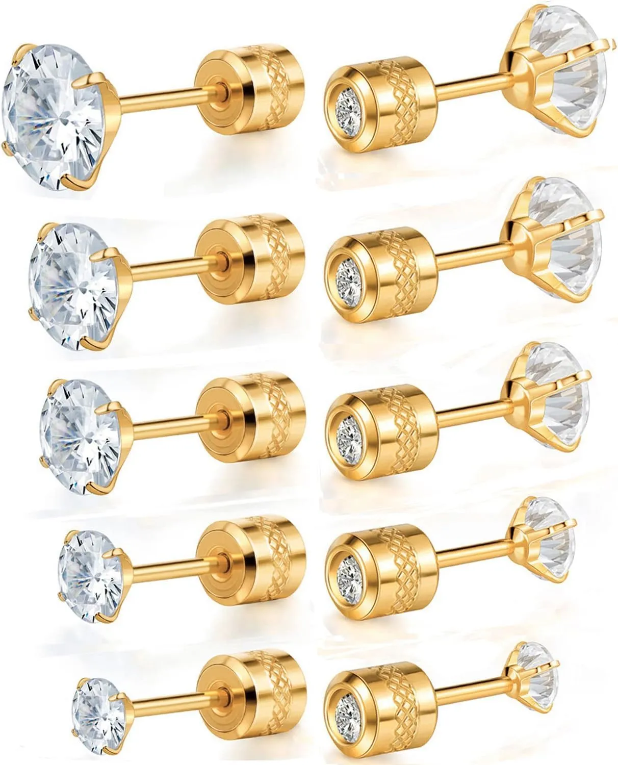 VOLUKA Cubic Zirconia Stainless Steel Screw Flat Back Earring - Hypoallergenic Stud Earrings for Women & Men - 316L Titanium CZ Stud Earrings for Nickel-Free, Trendy & Elegant