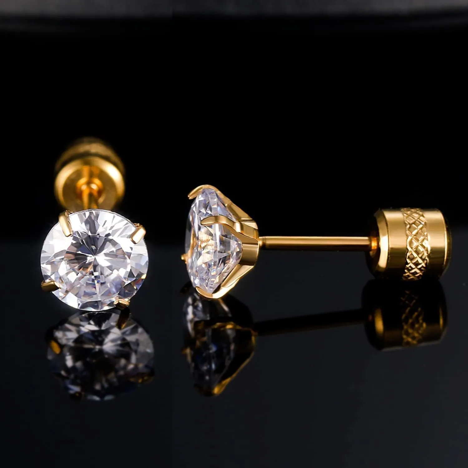 VOLUKA Cubic Zirconia Stainless Steel Screw Flat Back Earring - Hypoallergenic Stud Earrings for Women & Men - 316L Titanium CZ Stud Earrings for Nickel-Free, Trendy & Elegant