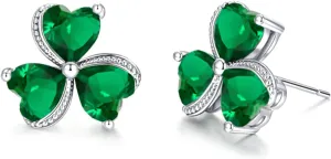 VONSSY Elegant Clover Stud Earrings | Emerald Green Gemstone Irish Shamrock Earrings | Platinum Gold Plated Chain | Meaningful Jewelry Gift for Women Mother Girlfriend