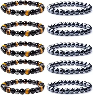 WAINIS 10PCS 8mm Black Hematite Magnetic Bead Therapy Bracelet For Men Women Stone Bracelet Stress Relieving Triple Protection Anxiety Relief Bracelet Jewelry
