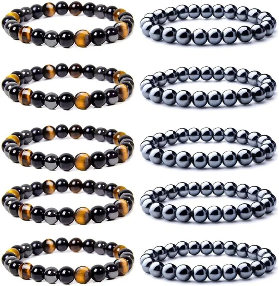 WAINIS 10PCS 8mm Black Hematite Magnetic Bead Therapy Bracelet For Men Women Stone Bracelet Stress Relieving Triple Protection Anxiety Relief Bracelet Jewelry