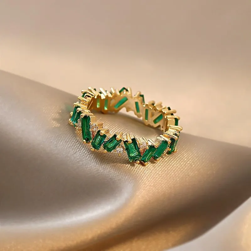 Wavy Emerald Eternity Paved Band Ring,14K Yellow Gold Plated Cubic Zirconia Baguette Cut Green Emerald Eternity Bands for Women