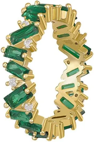 Wavy Emerald Eternity Paved Band Ring,14K Yellow Gold Plated Cubic Zirconia Baguette Cut Green Emerald Eternity Bands for Women