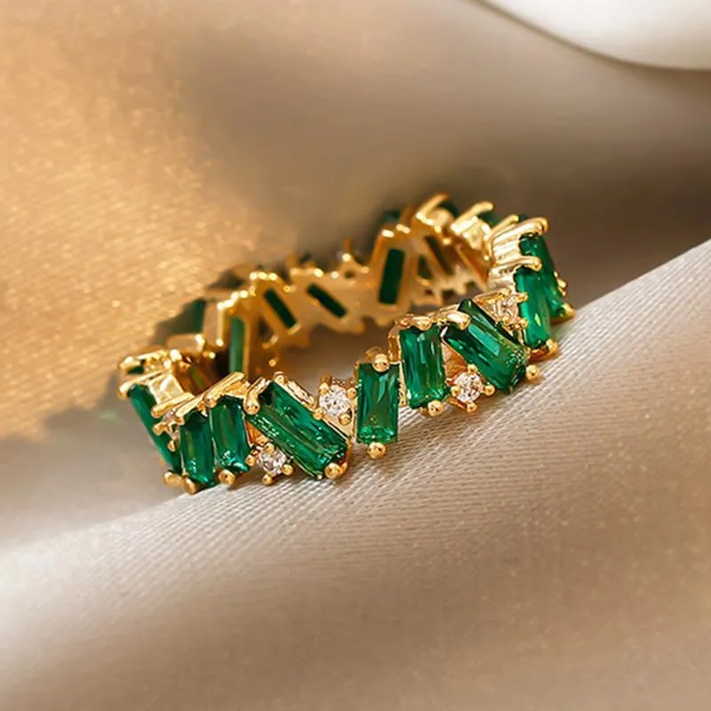 Wavy Emerald Eternity Paved Band Ring,14K Yellow Gold Plated Cubic Zirconia Baguette Cut Green Emerald Eternity Bands for Women