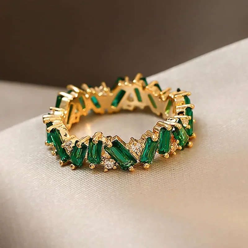 Wavy Emerald Eternity Paved Band Ring,14K Yellow Gold Plated Cubic Zirconia Baguette Cut Green Emerald Eternity Bands for Women