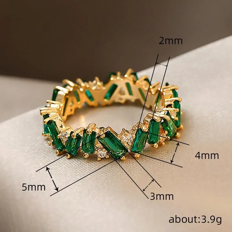Wavy Emerald Eternity Paved Band Ring,14K Yellow Gold Plated Cubic Zirconia Baguette Cut Green Emerald Eternity Bands for Women