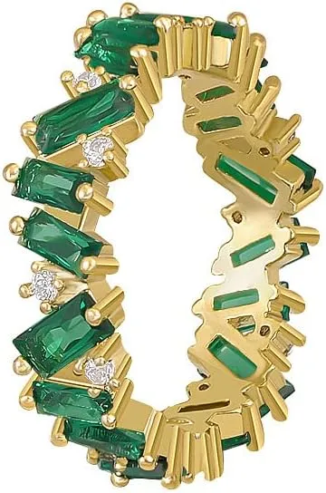 Wavy Emerald Eternity Paved Band Ring,14K Yellow Gold Plated Cubic Zirconia Baguette Cut Green Emerald Eternity Bands for Women
