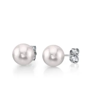 White Japanese Akoya Round Pearl Stud Earrings, 7.5-8.0mm