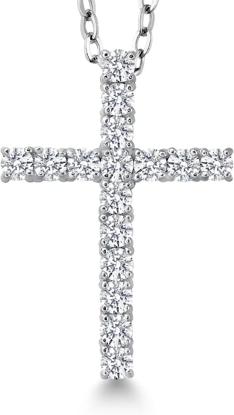 White Lab Grown Diamond Cross Pendant Necklace | 0.50-1.00 Cttw | 925 Sterling Silver | Jesus Christian Religious Crucifix Pendant for Women | DEF Color | VVS-VS Clarity | With 18 Inch Chain