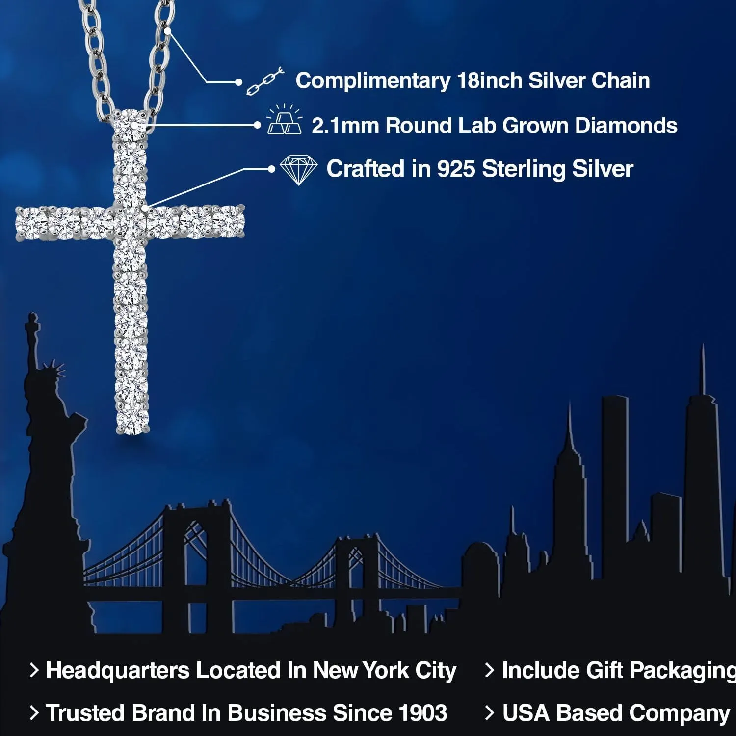 White Lab Grown Diamond Cross Pendant Necklace | 0.50-1.00 Cttw | 925 Sterling Silver | Jesus Christian Religious Crucifix Pendant for Women | DEF Color | VVS-VS Clarity | With 18 Inch Chain