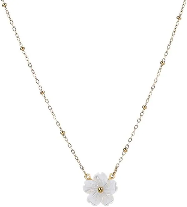 White Peach Blossom Pendant Necklace for Women Dainty Shell Flower Bead Choker Sweet Cute Small Cherry Blossoms Necklaces 18K Gold Plated Tiny Adjustable Chain Jewelry Valentine's Day Birthday Gifts Her Daughter Girlfriend