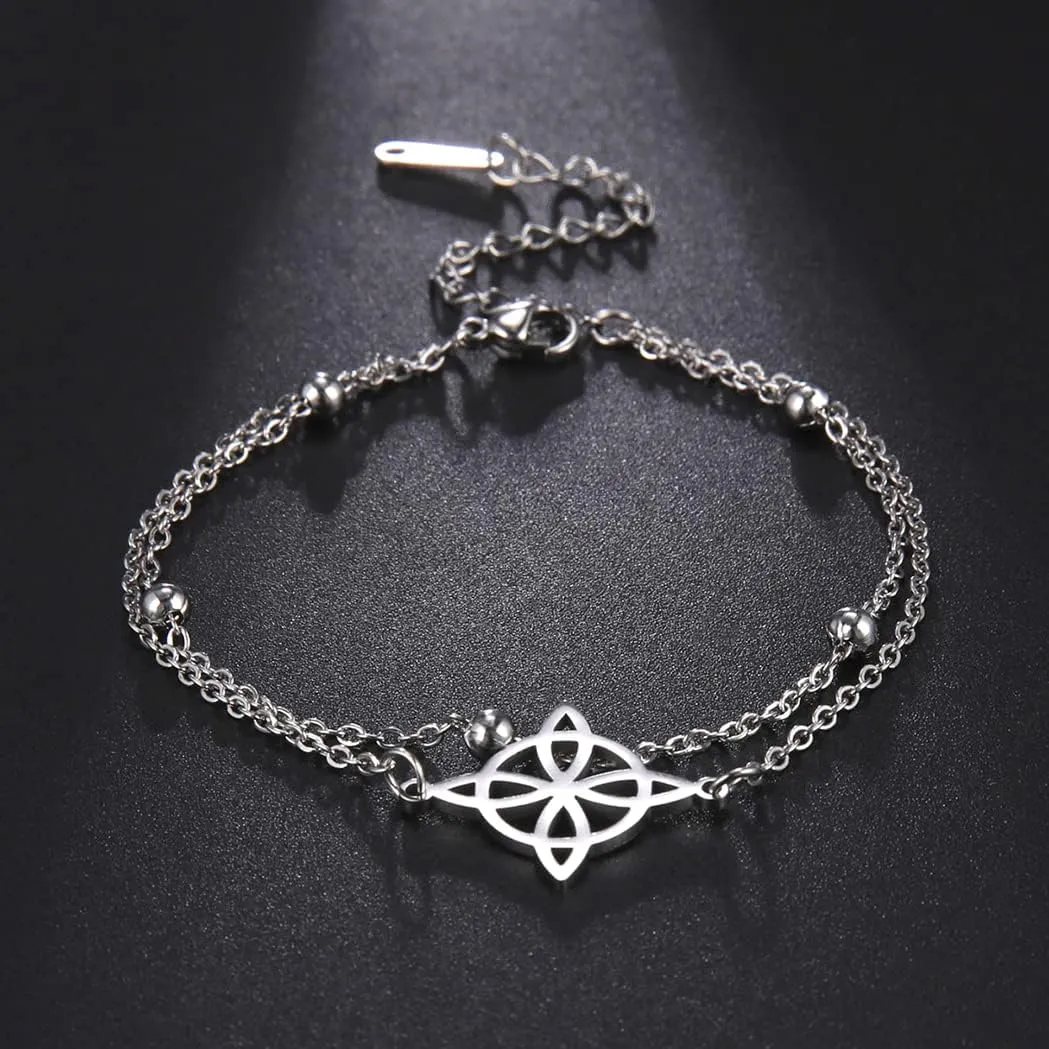 Witches Knot Bracelet For Women Stainless Steel Celtic Knot Wiccan Symbol Layered Bracelet Unique Charm Adjustable Double Layer Bracelet Jewelry Gifts