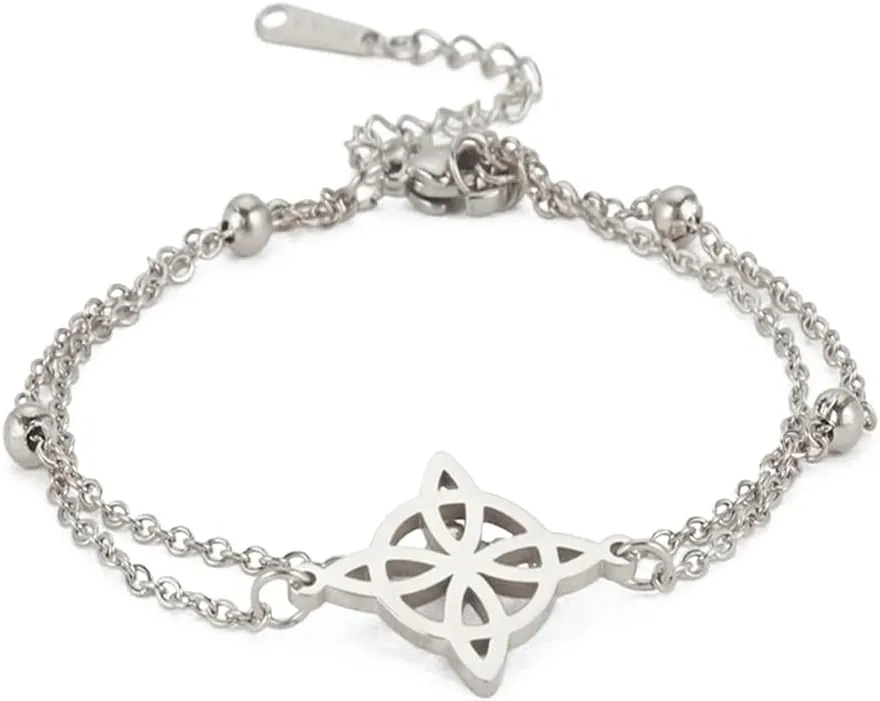 Witches Knot Bracelet For Women Stainless Steel Celtic Knot Wiccan Symbol Layered Bracelet Unique Charm Adjustable Double Layer Bracelet Jewelry Gifts