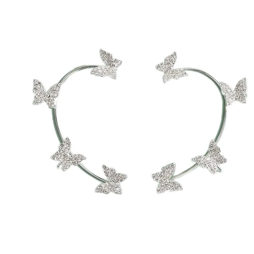 Wiwpar 2PCS Zircon Butterfly Ear Cuffs Climber Jewelry Earrings for Women Rhinestone Non Pierced Right Left Ear Clips Wrap Around Fairy Elegant Shiny Earrings(silver)